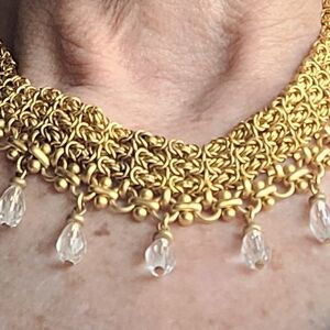 Vintage Elegant Gold Tone Choker Necklace with Dangling Austrian Crystals